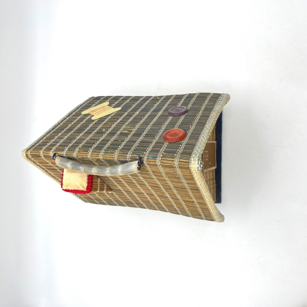 Vintage Woven Straw Cottage Sewing Basket Pincushion Box Japan Mid Century - Picture 8 of 12